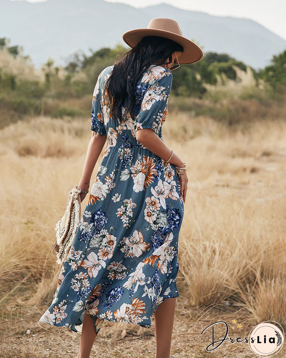 Elegant Short Sleeve V Neck Floral Maxi Dress