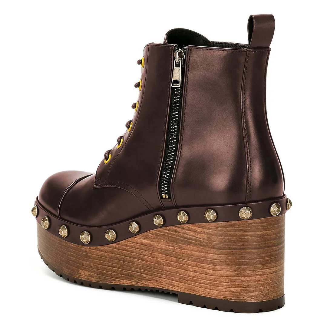 Chic Brown Platform Lace Up Zipper Wedge Heel Booties with Studded