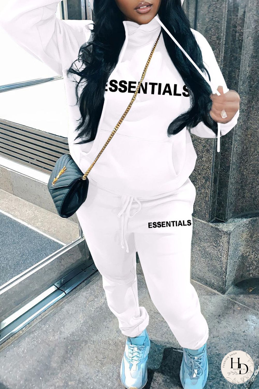 White Casual Print Patchwork Hooded Collar Long Sleeve Two Pieces