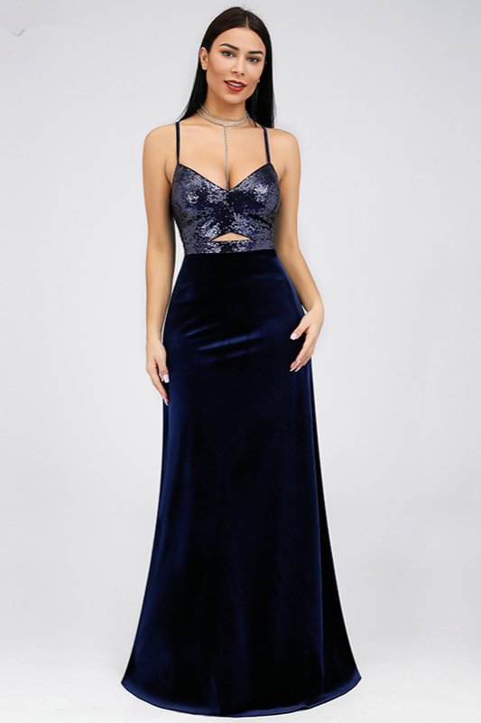 Navy Spaghetti-Straps Long Velvet Prom Dress Online