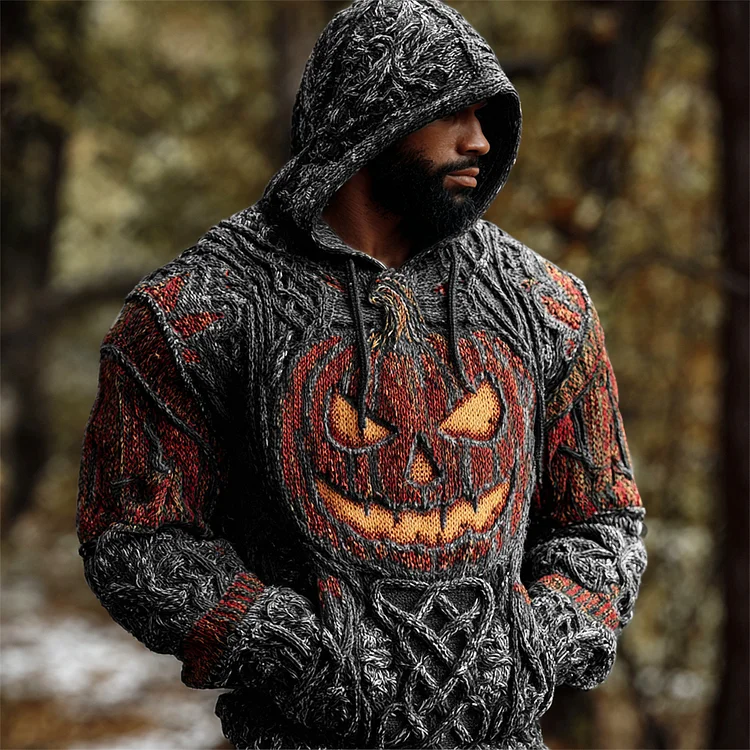 Halloween Pumpkin Lights Men's Chunky Knit Hooded Sweater