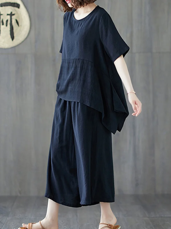 Women Solid Color High Waist Casual Loose Two-Piece Suit