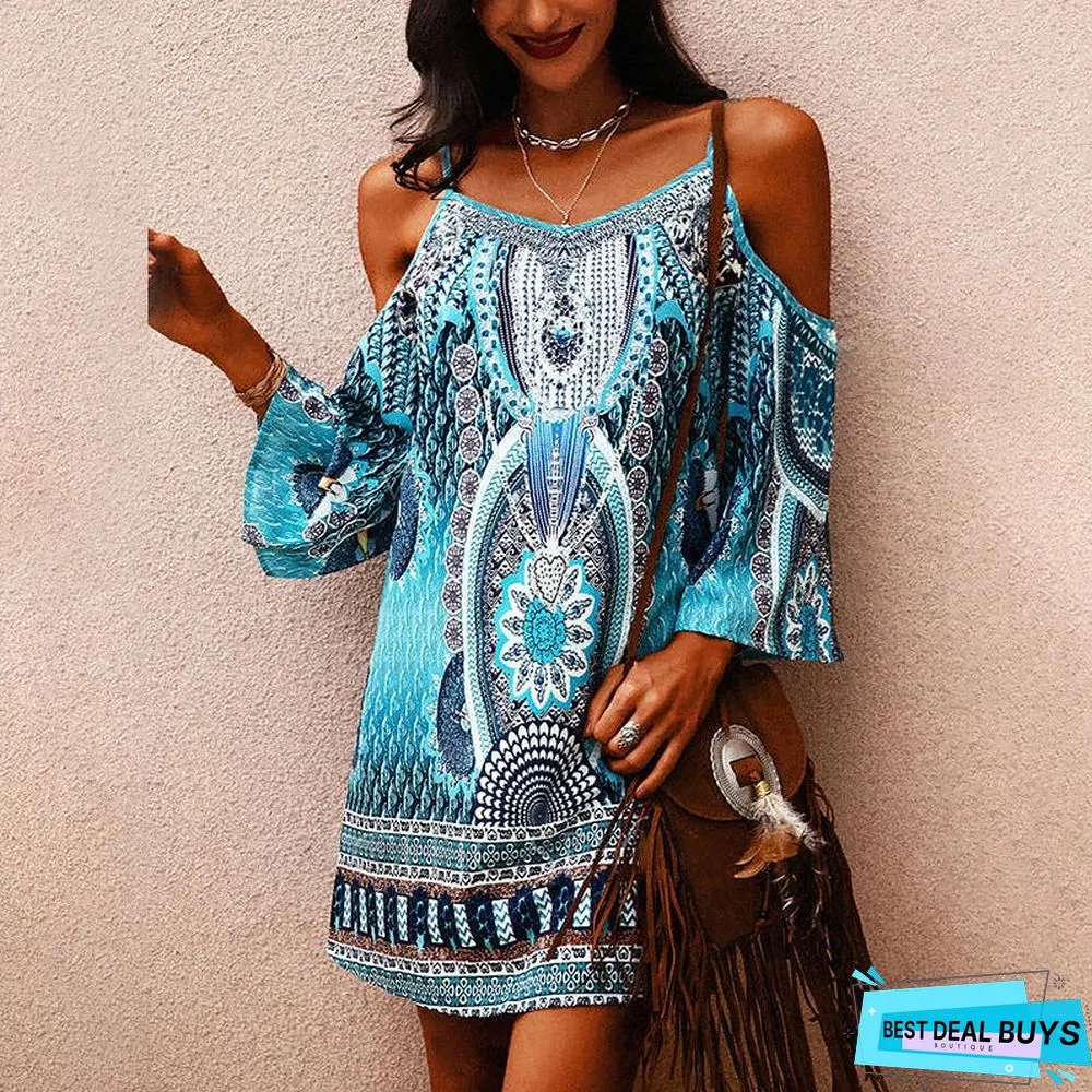 Printed Round Neck Hollow Short Sleeve Dress