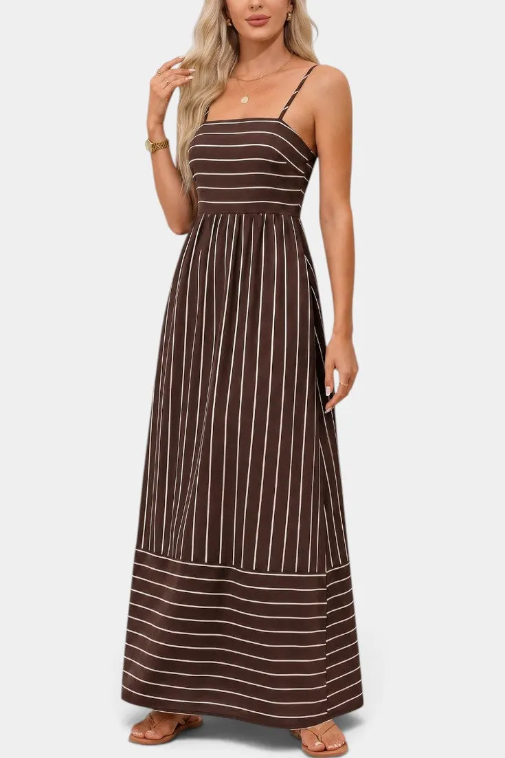 Striped Maxi Dress with Square Neckline & Thin Straps