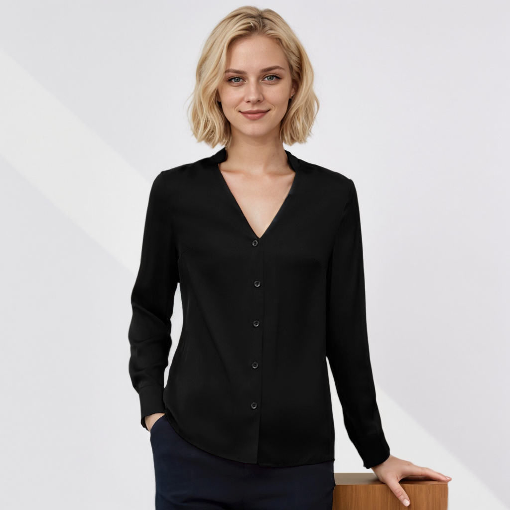 Elegant V-neck Silk Blouse With Buttons  REAL SILK LIFE
