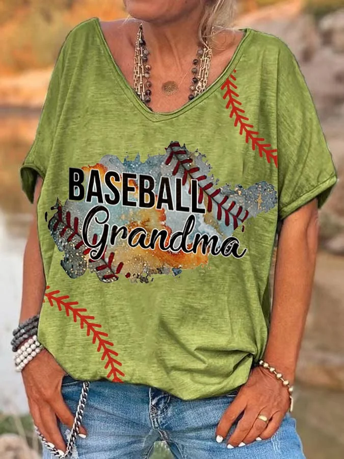 V-Neck Baseball Grandma Print T-Shirt socialshop