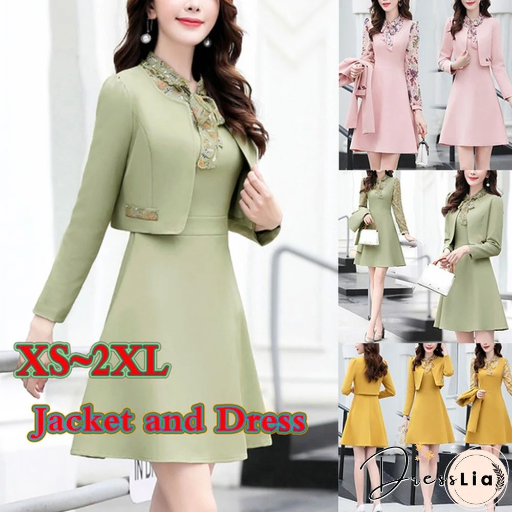 Women Office Wear Long Dress Suits Pink Yellow Green Dresses Suit 2 Pieces Set Outfit Clothes Womens Short Jacket And Dress