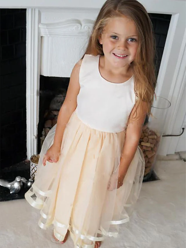 Hellodresses Sleeveless Jewel A-Line Knee Length  Flower Girl Dress Satin Tulle With Pleats