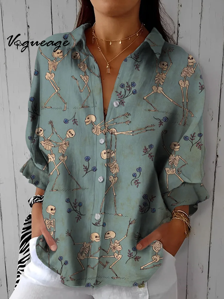 A Group Of Happy Dancing Skeletons Printed Cotton And Linen Shirt