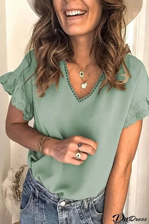 Solid V Neck Ruffles Blouse