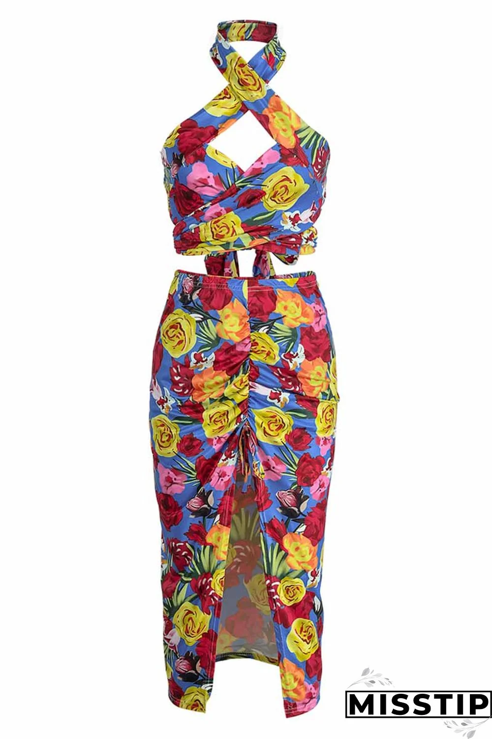 Leopard Print Fashion Street Print Patchwork Halter Sleeveless Two Pieces