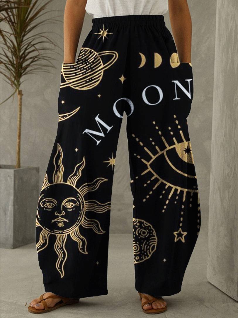 Sun and Moon Mystical Print Vintage Casual Loose Pants