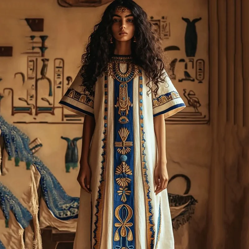 Women's Vintage Ancient Egyptian Art Crew Neck Linen Dress