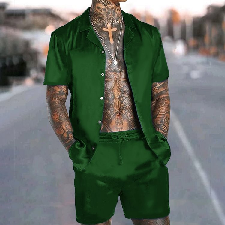 BrosWear Men's Holiday Style Solid Color Short Sleeve Shirt And Shorts Co-Ord