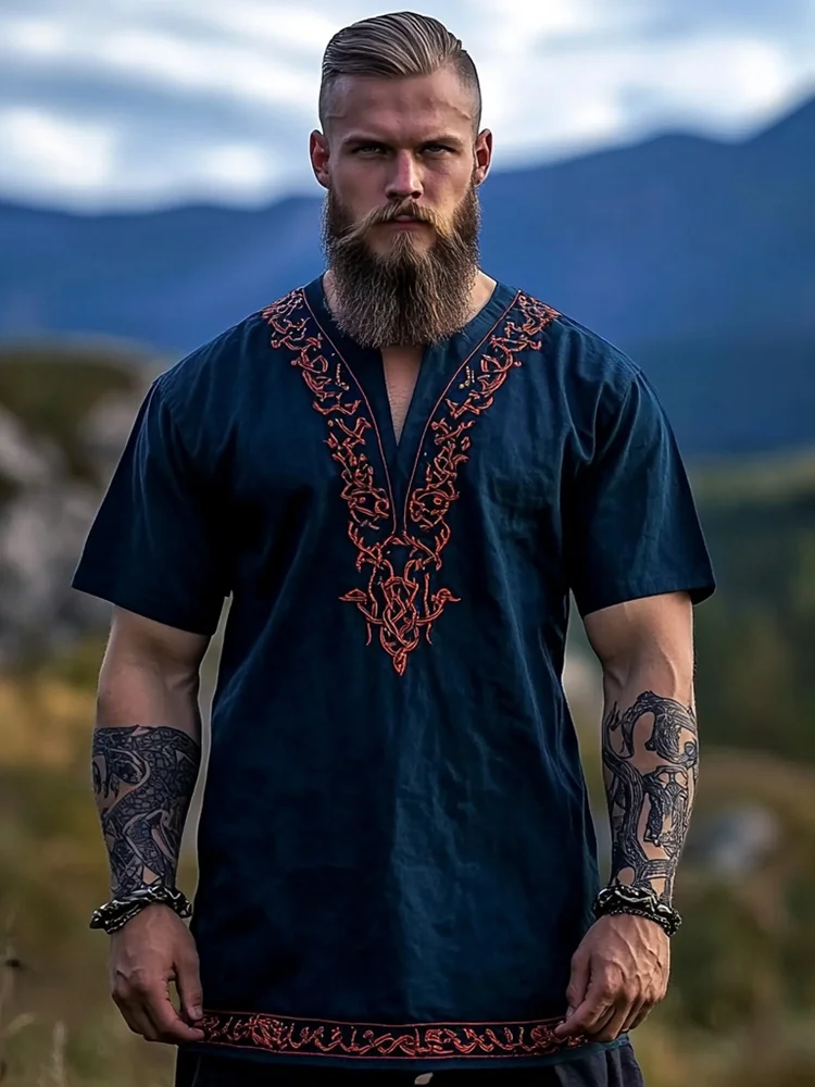 Men's Viking Tree Of Life Tribal Art Linen T-shirt / Rvogue / Rvogue