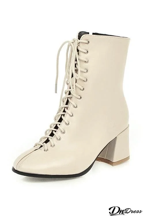 Square Toe Mid Heels Lace Up Boots