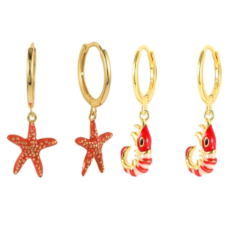 1 Pair Cute Minimalist Starfish Lobster Enamel Copper Drop Earrings