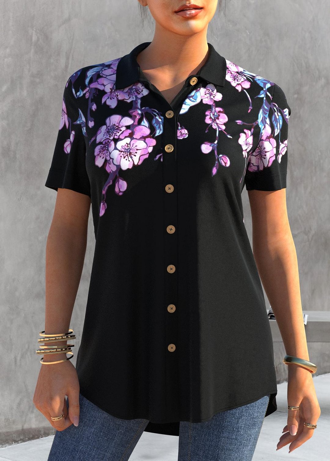 Floral Print Black Button Up Blouse
