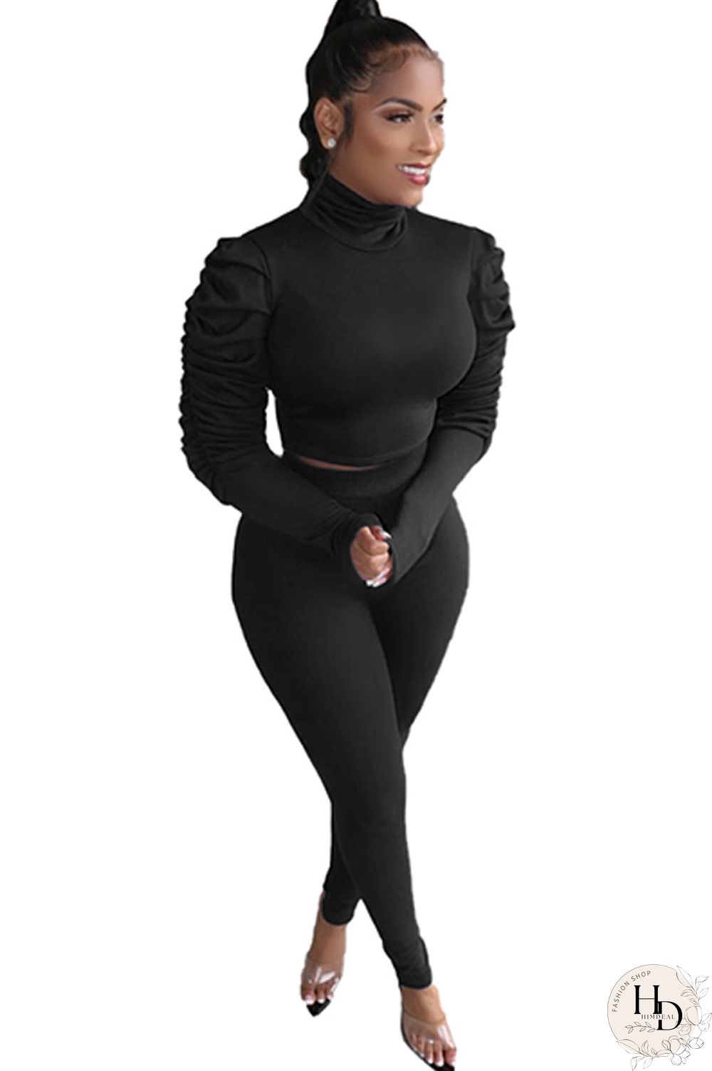 Black Polyester Casual Two Piece Suits Solid pencil Long Sleeve Two-piece Pants Set