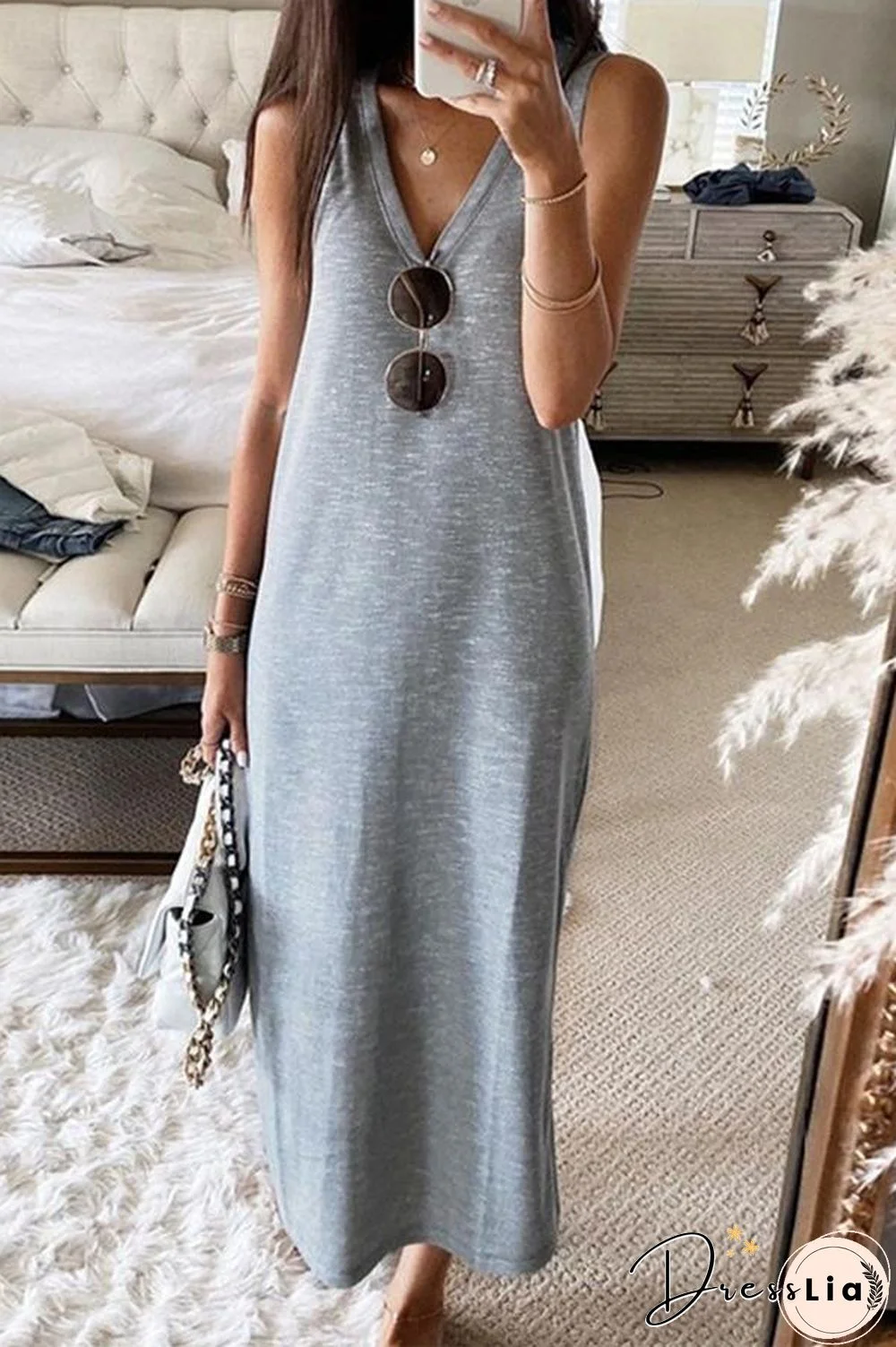 Elegant Solid V-Neck Sling Dress