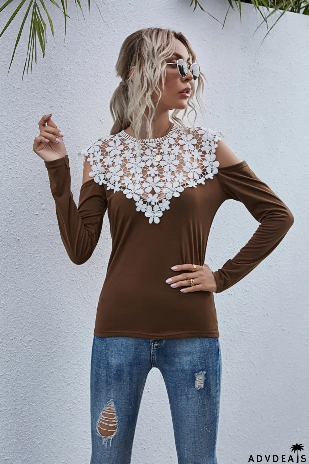 Autumn Lace Upper O-Neck Cut Out Sexy Shirt