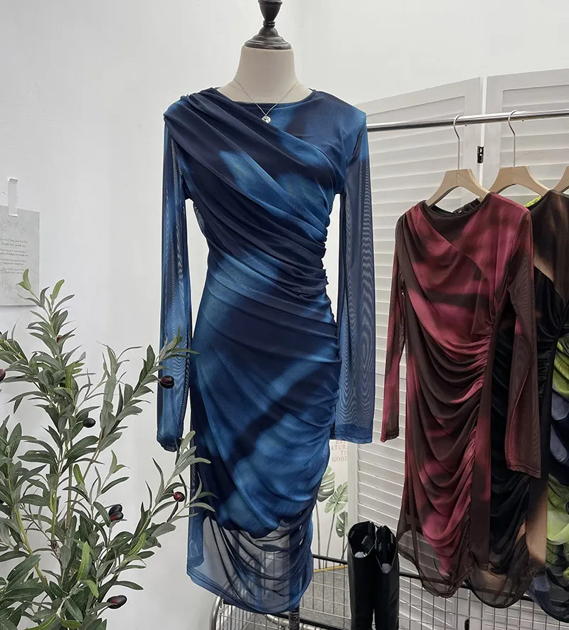 Brownm Vintage Tie-Dye Printing Irregular Folded Mesh Yarn Body-Body-Sleeve Dress 9901