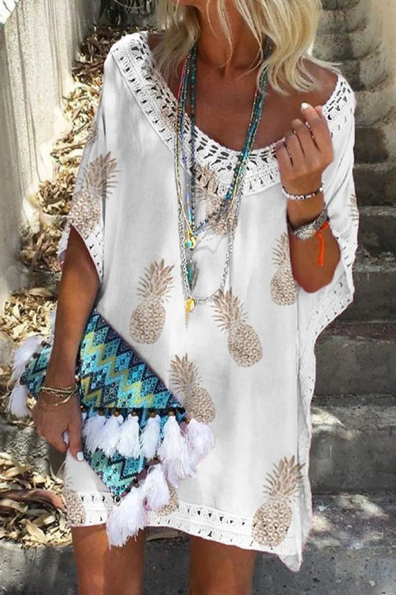 Fruit Print V-Neck Lace Patchwork Dress
