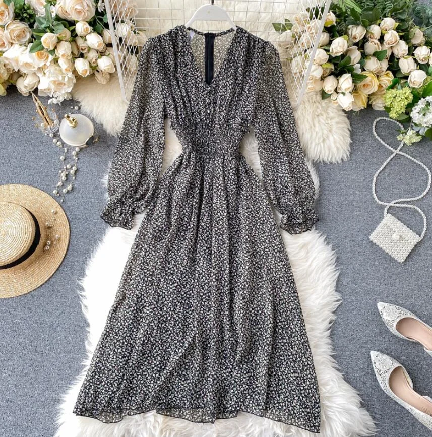 Floral elegant Women Dress Vintage Long sleeve V-neck Print Chiffon Dresses 2020 Spring summer Elastic waist Long Dress Vestidos