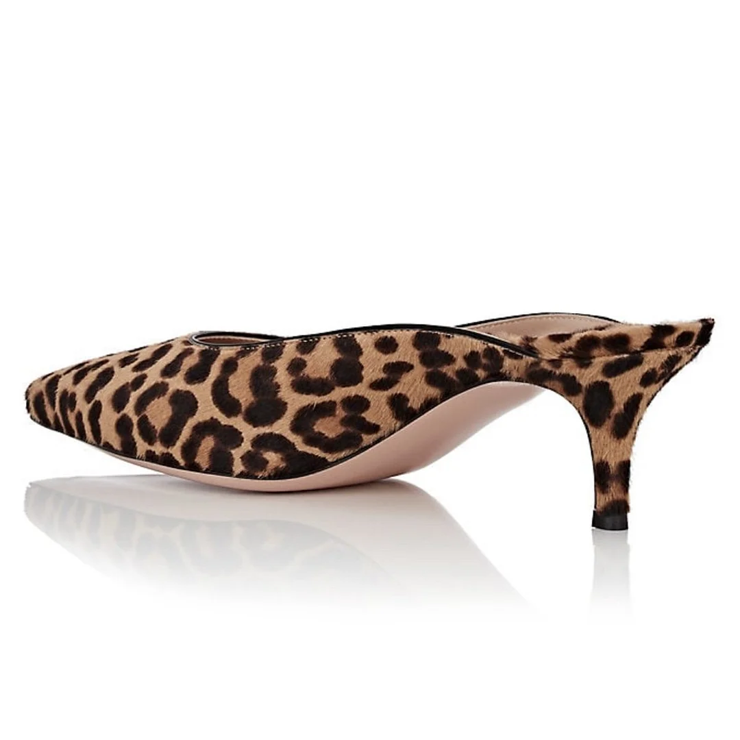 Brown Leopard Faux Suede Pointed Kitten Heel Backless Pumps   