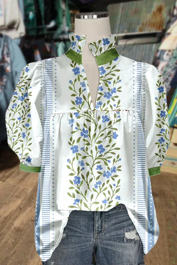 Chic Floral Print Puff Sleeve Blouse