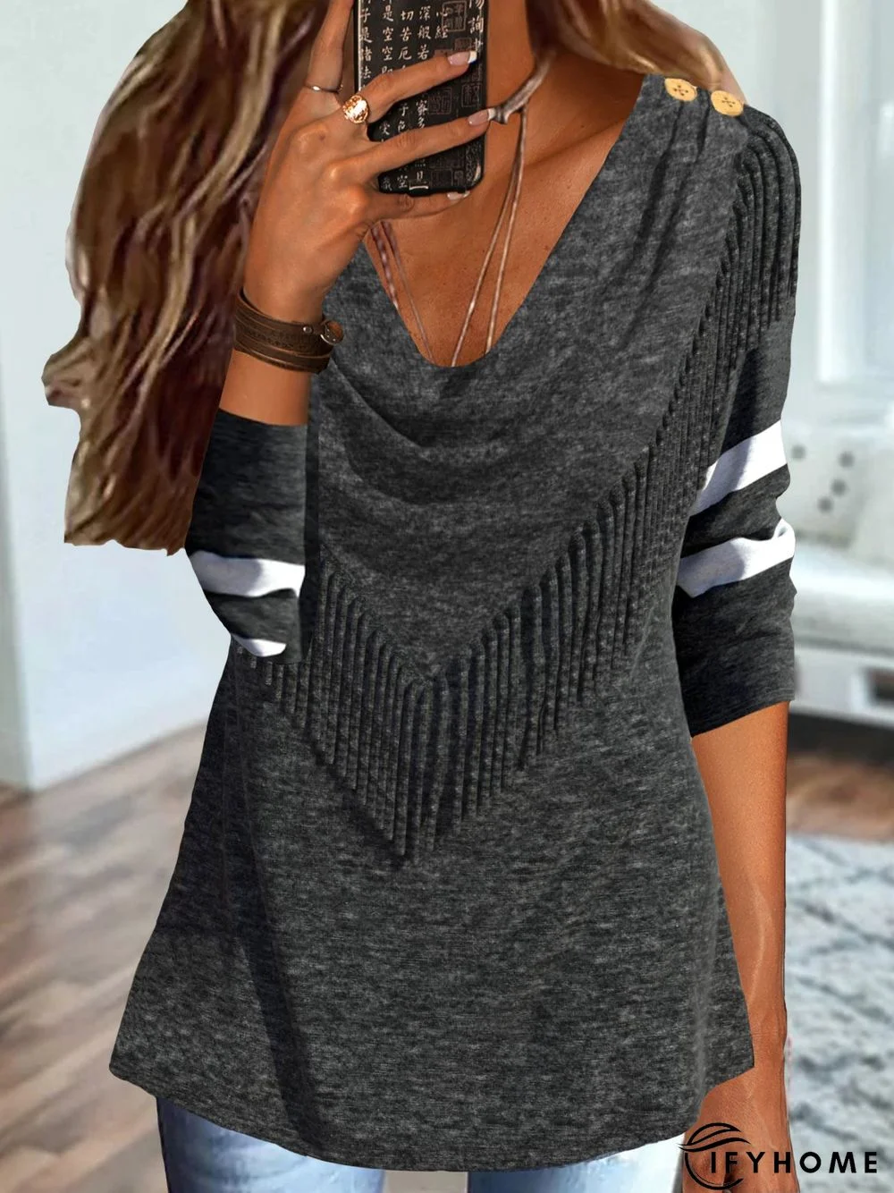 Casual Long sleeve V neck Loose Top | IFYHOME