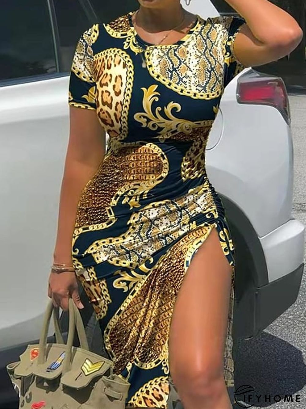 Women's T Shirt Dress Casual Dress T Shirt Dress Tee Dress Leopard Ombre Split Print Crew Neck Midi Dress Active Modern Daily Going out Short Sleeve Slim Light Yellow Black Yellow Summer Spring S M L | IFYHOME