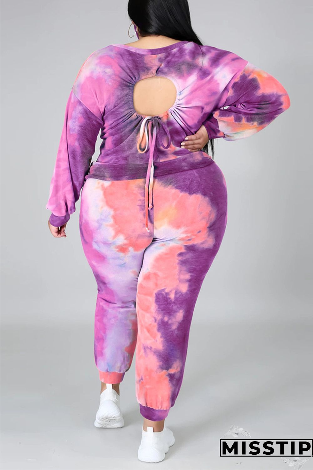 multicolor Fashion Casual Print Tie Dye Tie-dye Backless O Neck Plus Size Set