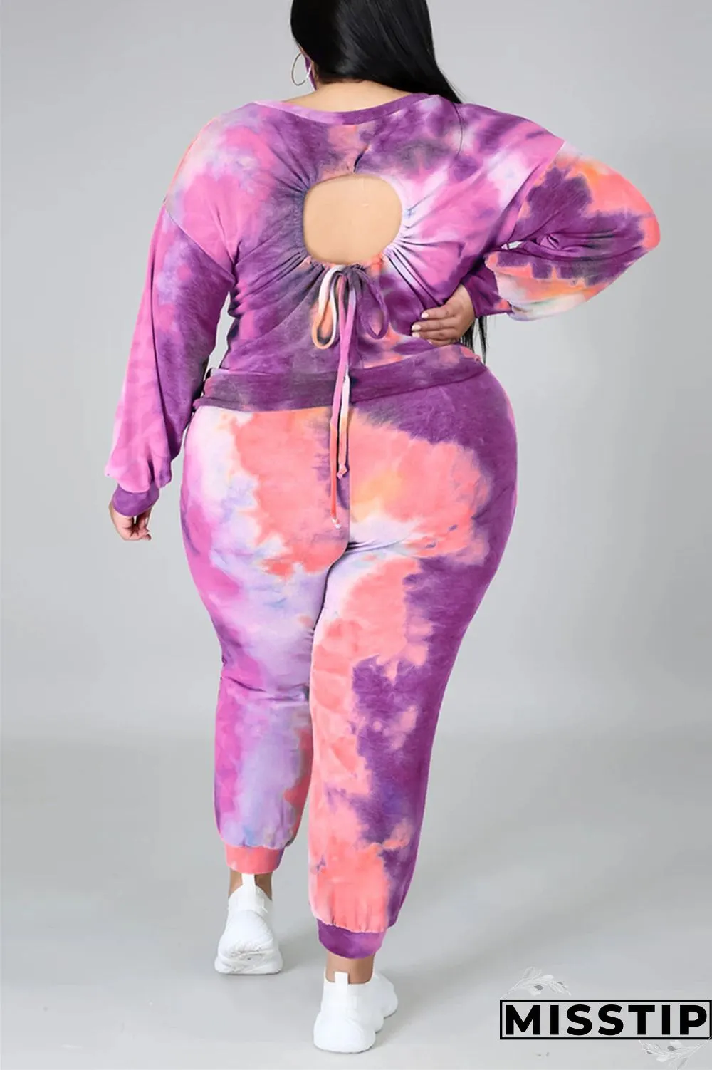 multicolor Fashion Casual Print Tie Dye Tie-dye Backless O Neck Plus Size Set