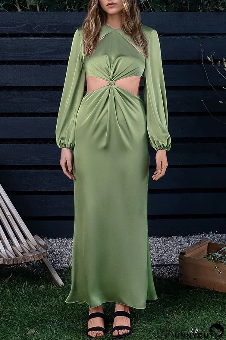 Grass Green Casual Solid Hollowed Out Patchwork O Neck Straight Dresses