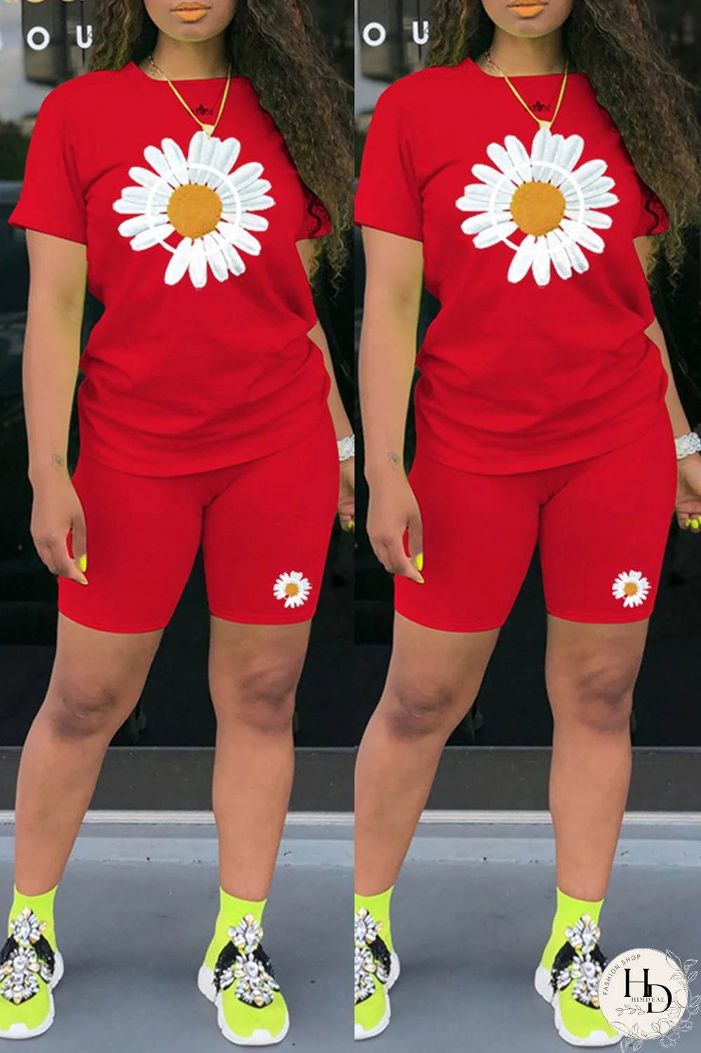 Black Fashion Casual Print Basic O Neck Short Sleeve Two Pieces