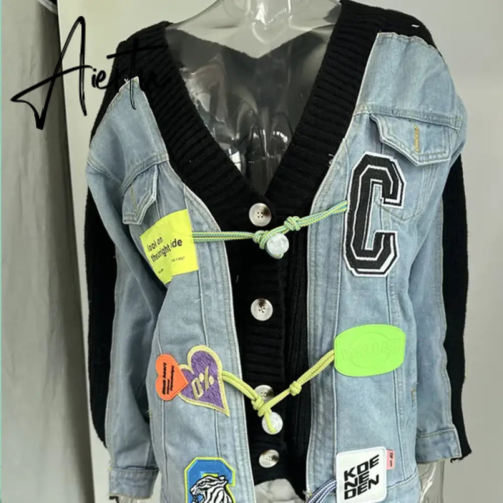Denim Patchwork Knit Sweater Cardigans Women V-Neck Full Sleeve Button Up Oversized Jacket Coat Fall  Streetwear Aiertu