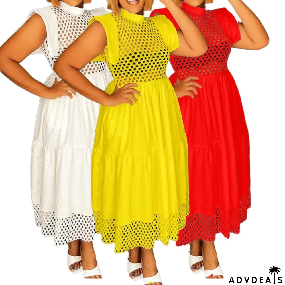 Fall Yellow Hollow Out Sexy Long Skater Dress