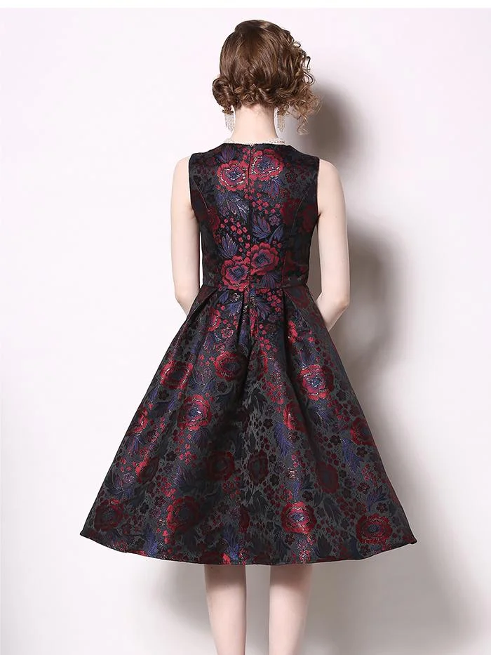 Temperament color big swing sleeveless vest jacquard dress