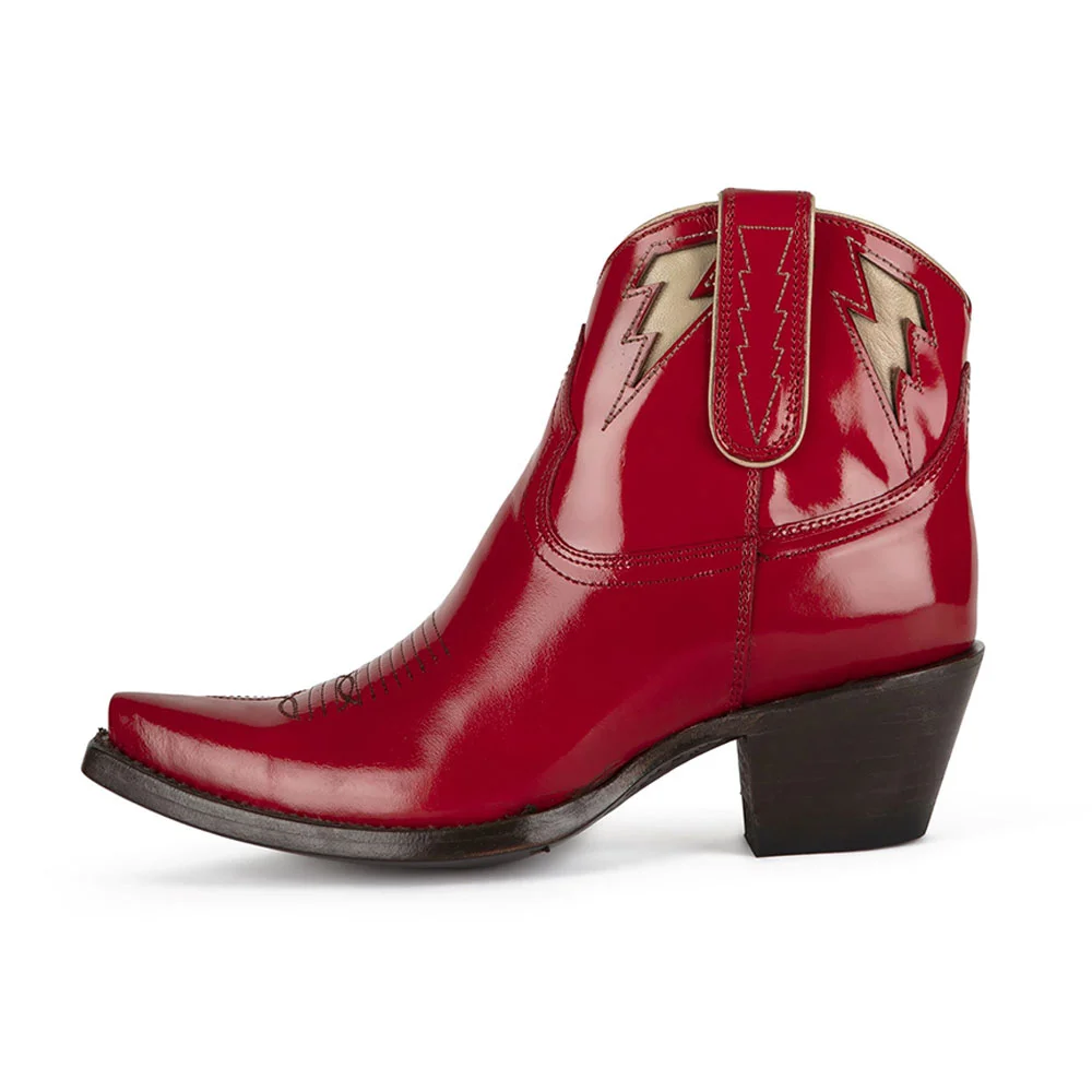 Red Snip Toe Lightning Inlay Chunky Heel Cowboy Boots for Women
