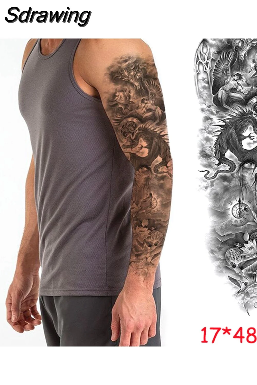 Sdrawing temporary tattoo sticker full arm lion king angel warrior lightning tree flower fake tatto flash tatoo to man woman 430-1