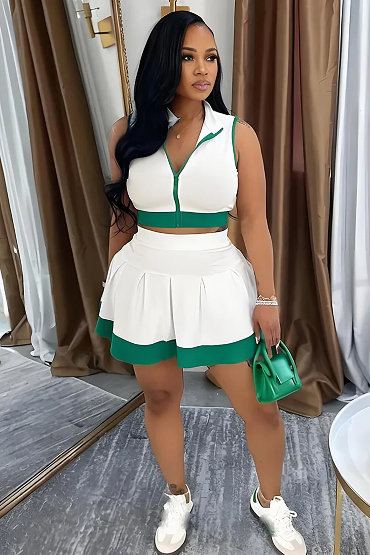 Colorblock Trim Sleeveless Crop Top A-Line Mini Skirt 2pcs Set-White