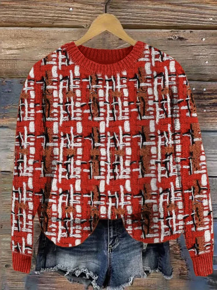 Classic Red Tweed Vintage Cozy Knit Sweater