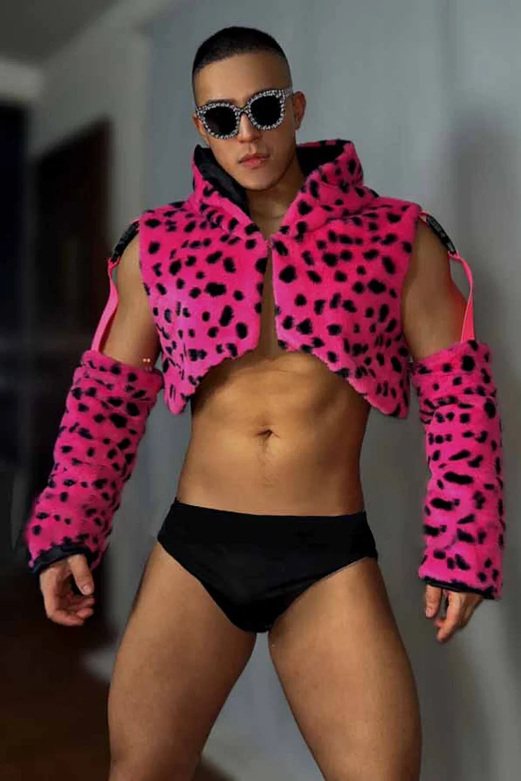 Ciciful Leopard Print Fuzzy Crop Faux Fur Pink Hooded Vest Briefs Two Piece Set