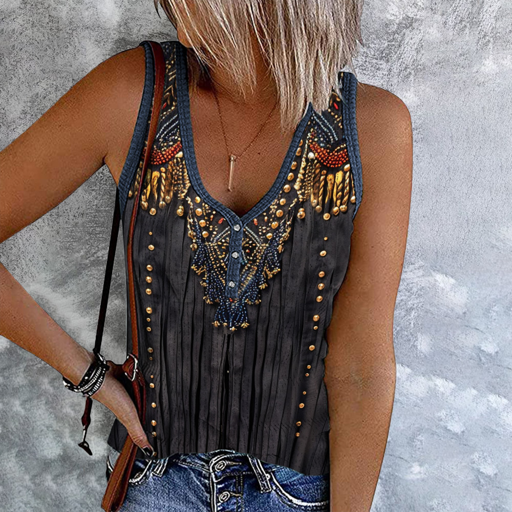  Western Tassel Print V-Neck Sleeveless Tank Top Westsshops