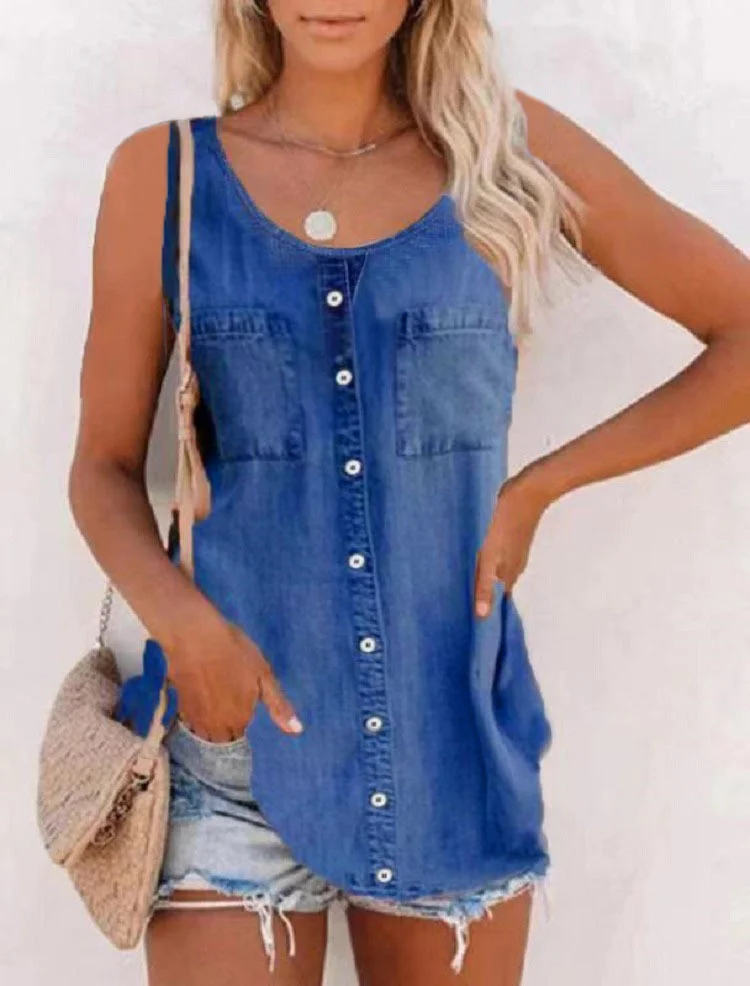 Nigikala Nigikala Women's 2025 Summer New Fashion Imitation Denim Vest Casual Print Sleeveless Top