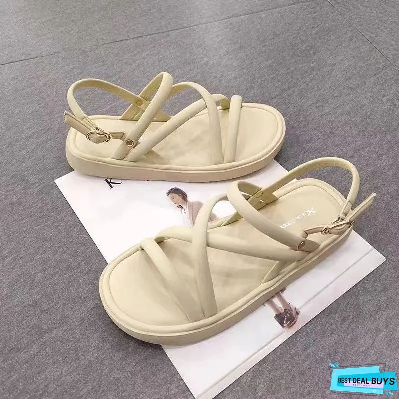 Flat Fashionable One-Strap All-Match Sandals New Summer Comfortable Cross Strap Buckle Casual Women's Sandals