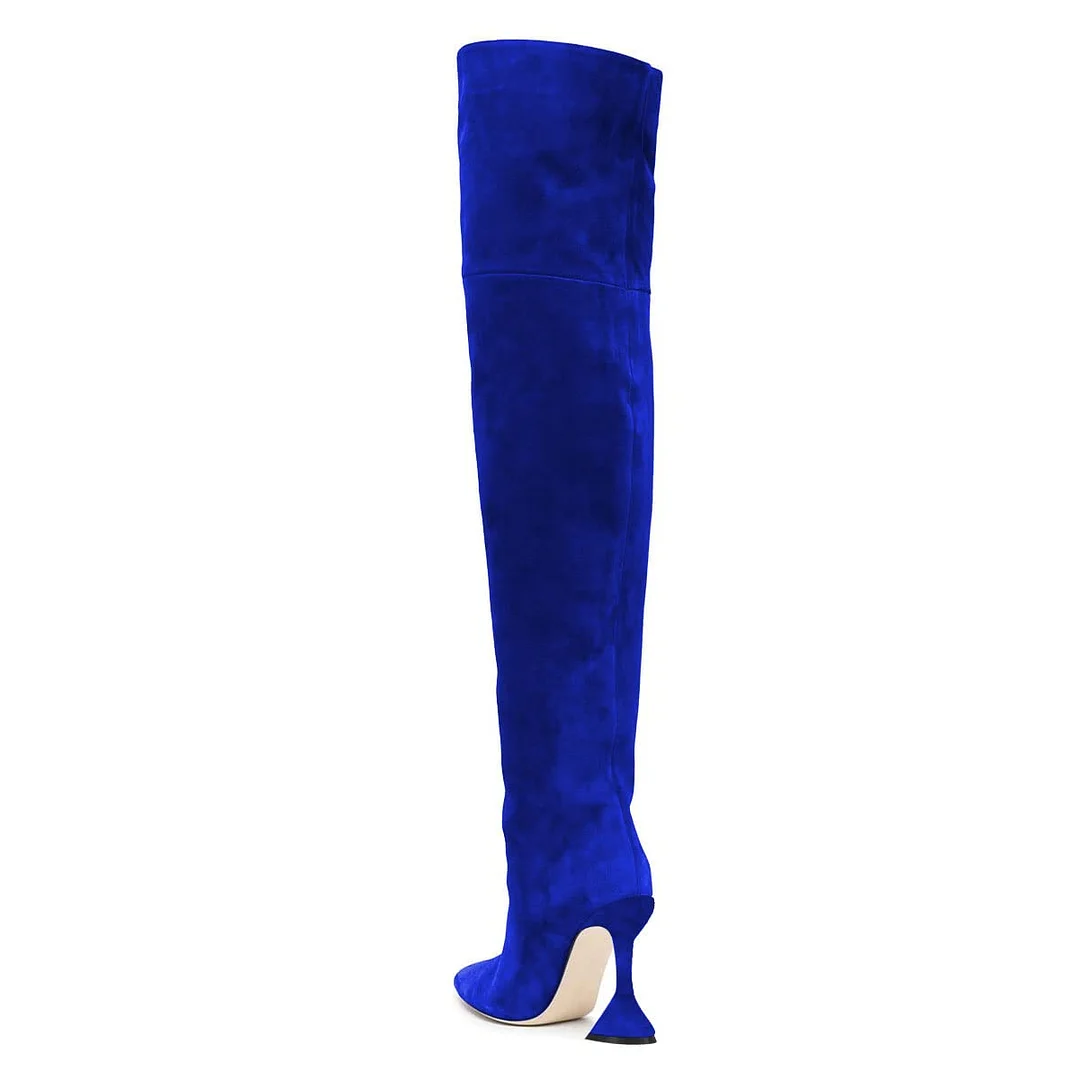 Royal Blue Vegan Suede Flared Heel Over The Knee Boots for Women