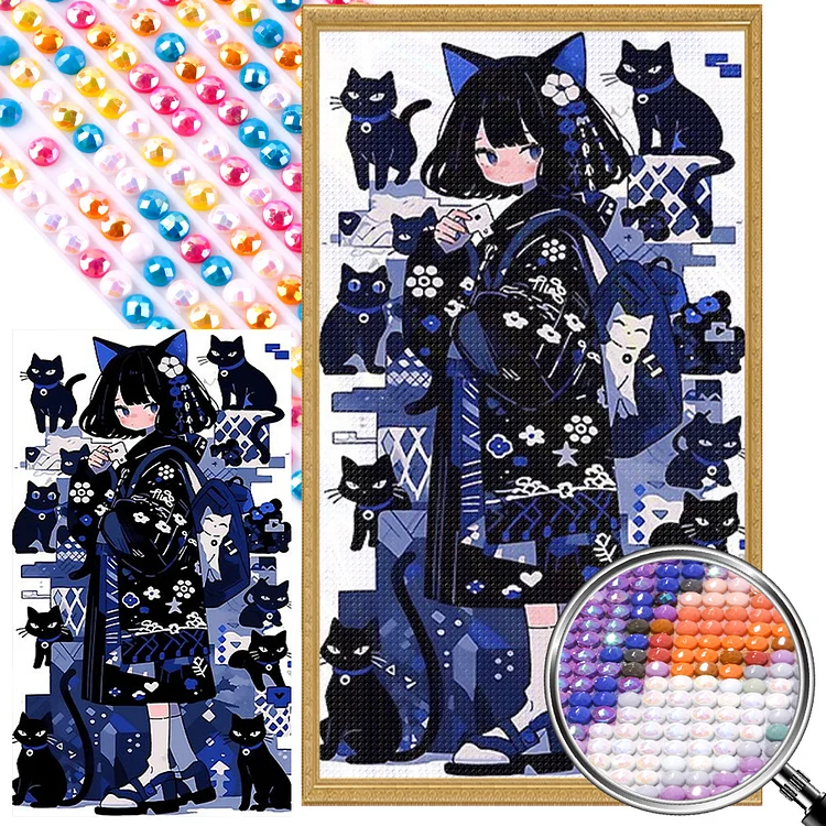 Partial AB Drill - Full Round Diamond Painting - Black Cat And Girl 40*70CM