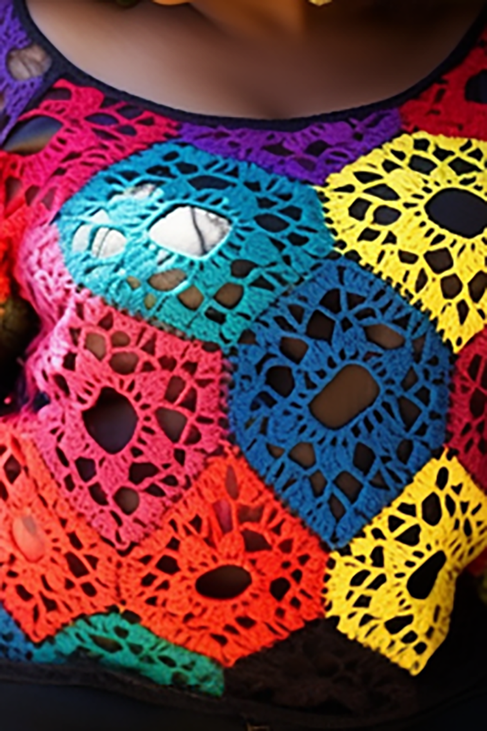 Design Plus Size Beach Casual Multicolor Geometric Round Neck Long Sleeve Cut Out Crochet Blouses [Pre-Order]